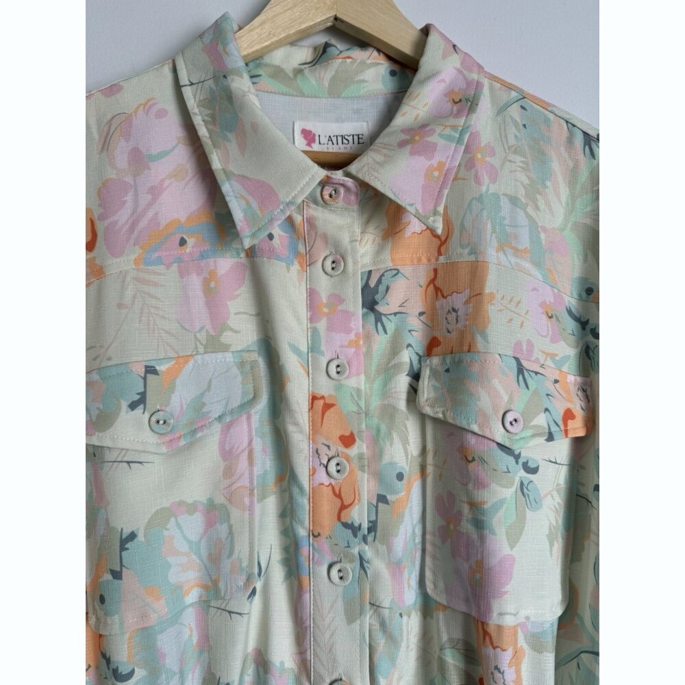 L'Atiste Women’s 2X Floral Utility Jogger Jumpsuit Roll Tab Sleeve Cottagecore - Picture 7 of 13